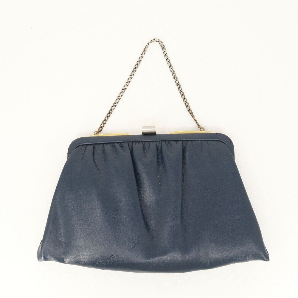 Vtg Ande Handbag Women Small Navy Blue Leather Pleated Pouch Purse Shoulder Bag